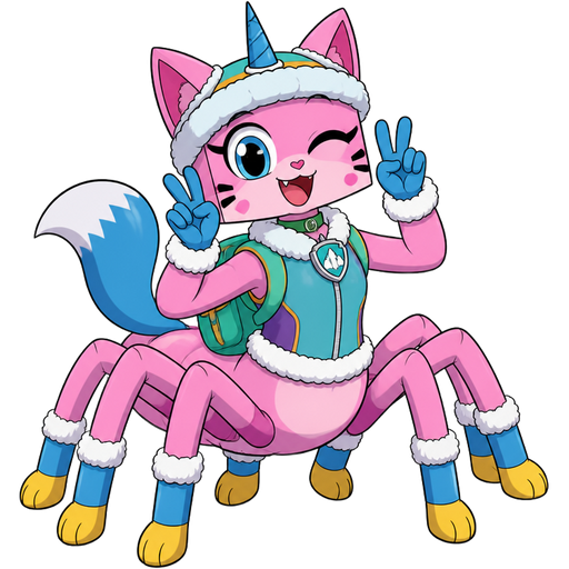 happy pink cat anthro femboy arachne with blue and white tail white wrists blue hands white ankles yellow feet green collar blue unicorn horn based on unikitty wearing everest's hat and everest's clothing with everest's backpack
