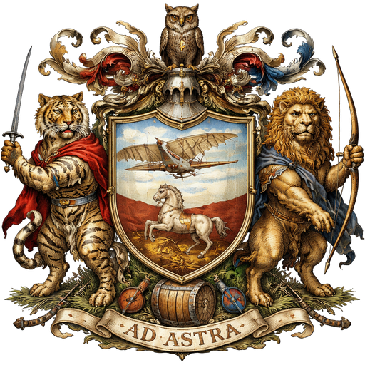 Create a medieval style coat of arms with the main elements of aviation (with the use of the wright flyer) and equestrian. Secondary elements includes fencing, archery and whiskey barrel. Main components shall take up more space than secondary elements. Include an owl in the crest part of the coat of arms. Use a tiger and a lion as the shield supporter
