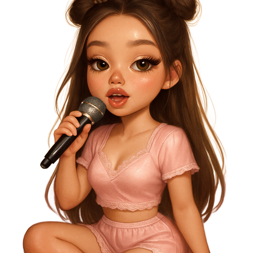semi-realistic soft cartoon luxury glam, mini plush Bratz-doll aesthetic, cinematic glow, crisp clean detail, glossy glam skin. brown eyed Petite girl, fair skin with soft freckles, wide face with tall forehead, honey-brown almond wide-set upturned eyes, fluttery lashes, shimmer highlight, plush lips, bottom heavy lip, sweet Belle-princess vibe, long straight brunette hair with visible light blonde highlights, softly defined feminine body, soft hourglass shape with full round bust, Baby pink cropped silk pajama top with lace trim and matching shorts, fuzzy ivory slippers. Hair in messy space buns, soft flutter lashes, flushed nose, glossy lips, sitting on pink sheets with a handheld mic, pretending to sing. Cozy romantic glow, soft warm lighting, pop-princess energy