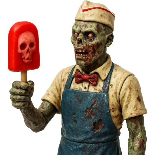 toy action figurine version zombie ice cream vendor with a red popsicle with a skull inside it toy action figurine version
