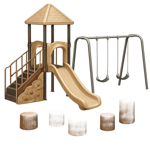 A realistic playground with light tan slides, a rock wall, swings, metal monkey bars, and log stepping stumps