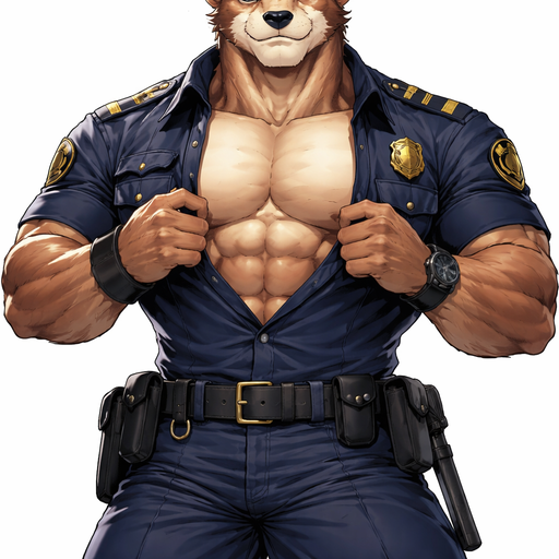 A Anime Full Body and Face of a Muscular and Buff with Gigantic Pecs AND biceps. VERY Masculine and handsome Bara Furry Bear with a Very Good-looking Face and Blue eyes with a wrestler type body. Buttoned up in a Police Uniform. Unbuttoning his shirt