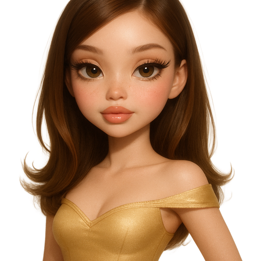 soft airbrushed glam, mini plush Bratz-doll aesthetic, cinematic glow, crisp clean detail, glossy soft skin. brown eyed skinny Petite girl, fair skin with soft freckles, wide face with tall forehead, honey-brown almond wide-set upturned eyes, fluttery lashes, shimmer highlight, plush lips, bottom heavy lip, sweet Belle-princess vibe, medium-long brunette hair with visible caramel highlights. softly defined feminine body, soft hourglass shape with full round bust, dressed in detailed sleek glam outfit. hair with side part, straight with flipped ends, layered at cheekbones. sleek almond nails. peachy-pink blush with shimmer highlight, glossy lips. Cozy romantic glow, soft warm lighting, pop-princess energy