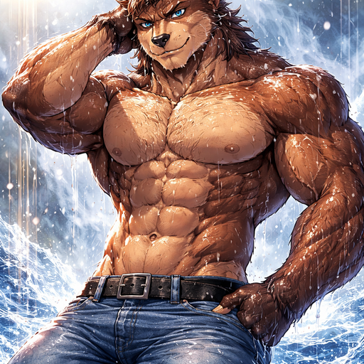 An Anime Full Body and Face of a Muscular and. VERY Masculine and handsome Bara Furry Bear with a Very Good looking and defined Face with a wrestler type body and Buffy and Beefy pecs and Biceps. At a Photo Shoot Posing Drenched in Water Shirtless with jeans