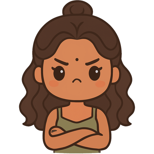 Woman (medium skin tone) with half bun half down wavy hair, big eyes, small black 1mm bindi on forehead, sage green cami top, cute angry with folded hands
