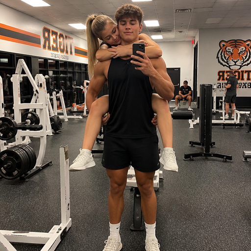 A Real life Full Body Image of a Tall and Buff and Bulky and a lot of meat on him and Tanner Skin and Brown Spiked haired and Blue Eyed High Schooler at the Gym. And Takes a Picture with his girlfriend on his back.