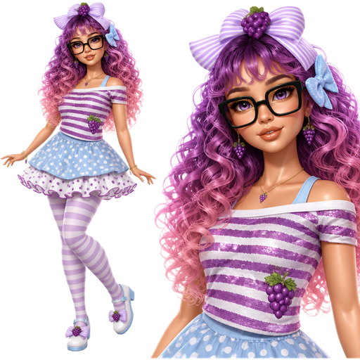 Sweet Grapes with a Fair-Light Neutral Natural Skin Tone and a Heavy Low Lip Shape with a Open Eyelash Set Up and a Caramel Latte Lipgloss with a Yellow Gold Eyeshadow and a S-Shaped Eyebrow Shape with a Upturned Eye Shape and a Heptagon Face Shape with a Ombré Purple, Pale Fuchsia, Pink and Frosted Pink Big Long Ringlet Layered Curly Hairstyle Including Bangs Wearing a Powder Blue Sparkly Bow on the Left Side of Her Hair and a Lilac Bow with a White Stripe Across it On the Top with Purple Grapes On the Very Top of Those Wearing Black Oversized Square Glasses and Ombré Purple Eyes Wearing a Powder Blue Tank Top with a Purple and White Striped Sequined Short Sleeved Off The Shoulder Top with the Neck-Line Being White with a Purple Print of Grapes at the Bottom Right of her Shirt Wearing a Frilled White Skirt with Purple Polka Dots and a Purple Lining With a Blue Skirt Over it and White Polka Dots Wearing Lilac and White Striped Tights with White Flats and a Powder Blue Lining with a Powder Blue Strap and a Lilac Bow with a White Stripe Going Across it on Each Shoe With Purple Grapes on the Top of Them and Blue at the Bottom and a Luminous Glazed Complexion with a 3D Naturalistic Animation and a Mature Adult Curvy Toned Build with a Luxury Glossy and a Refined Pristine Set Up with a Theatrical Appearance