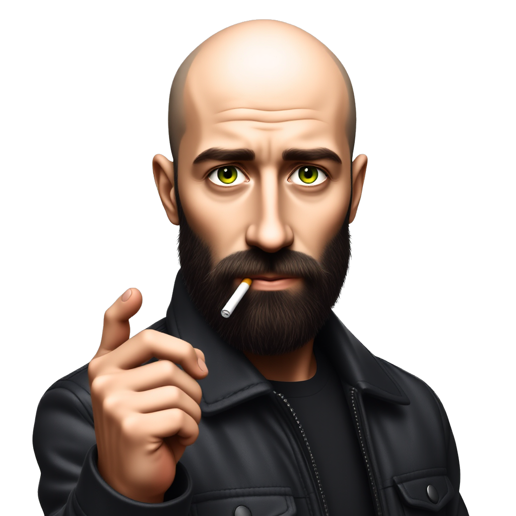 A bald slim man with a black beard and green eyes. He wears a leather jacket and has a cigarette in his hand also make his jacket black and some white beard hairs