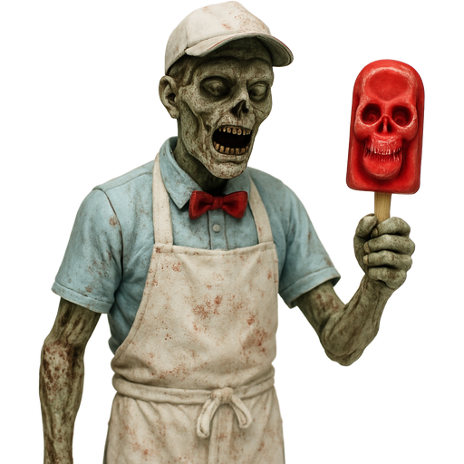 action figure version zombie ice cream vendor with a red popsicle with a skull inside it action figure version