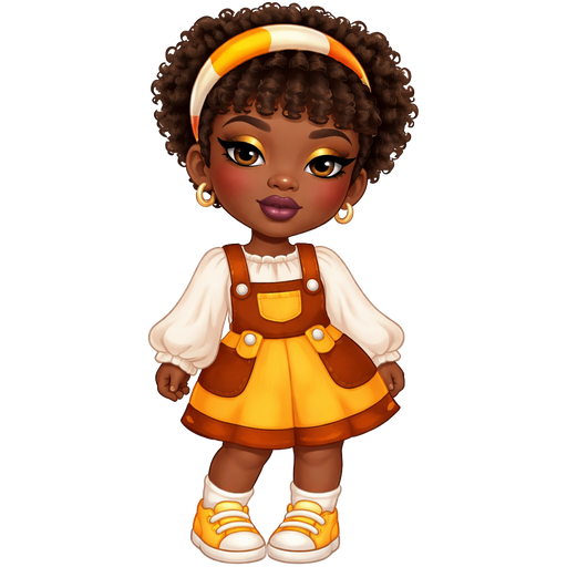 Candy Corn with a Deep-Dark Neutral Espresso Skin Tone and Heavy Lower Lip Shape with a Dark Plum Purple Matte Lipstick with a Soft Golden Palette Eyeshadow and a Thin Eyebrow with a Upturned Eye Shape and a Round Face Shape With Short Curly Afro-Textured Hair Including Bangs Wearing a Half Orange and Half Yellow Crescent Headband with Brown Eyes Wearing a White Long Sleeve Shirt With Ruffles Going around the sleeves Wearing Brown Overalls With Orange Straps and White Buttons With a Yellow Pocket on the Top of the Overalls and The Skirt is Yellow with Brown Pockets and a Brown Trimming with Two White Buttons on the Top of the Shirt Wearing White Socks and Yellow Sneakers with Dark Yellow on the Sides with a Mature Adult Toned Build and a Luxury Glossy with Vivid and Distinct Features