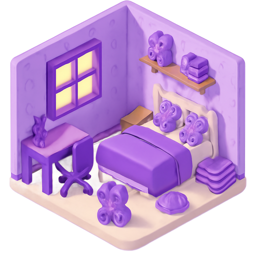 Violette wände ein weisses bett ramen und einen violetten überzug mit süsen violetten plüsch tieren und violetten Spielzeug 🧸 mit einem violetten schreibtisch mit violetten stiften drauf und noch violeten bücher 📚 stapeln