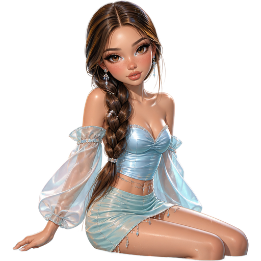 semi-realistic soft cartoon luxury glam, mini plush Bratz-doll aesthetic, cinematic glow, crisp clean detail, glossy glam skin. brown eyed Petite 5ft girl, fair skin with soft freckles, wide face with tall forehead, honey-brown almond wide-set upturned eyes, fluttery lashes, shimmer highlight, plush lips, bottom heavy lip, sweet Belle-princess vibe, long straight brunette hair with visible caramel highlights, wearing an opal-blue off-shoulder satin top with sheer floating sleeves and a pale aqua ruched mini skirt with iridescent bead trim, crystal drop earrings and a delicate waist chain, hair in a sleek side braid with pearl pins woven through, makeup with icy aqua inner corners, glass-skin glow, cool pink blush, and glossy blush-nude lips, sitting beside water and touching the surface with her fingertips