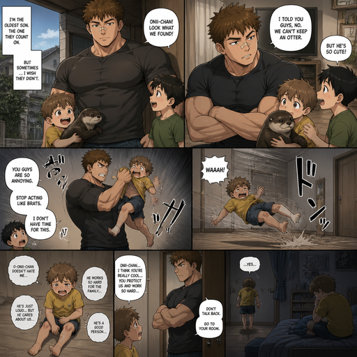 A DETAILED AND LIFELIKE ANIME Comic Book story view of a Bulky but Muscular ANIME Cute Bara Man With Peach toned skin Who looks Normal aind round facial Structure and Basic facial structure With Puffy and Big Pecs that are visible through the shirt and Biceps and Bandaid on his nose and Brown short hair that makes them look tough. Wearing normal With his pet Grown and healthy realistic otter and 2 little brothers that are in different ages but young. And he doesn‘t like them and big brother picks the little brother up and The little brother fly’s to the floor and limps away the little brother believes that he‘s A good person but when he tells him that he is pushed into his room and limps to his bed