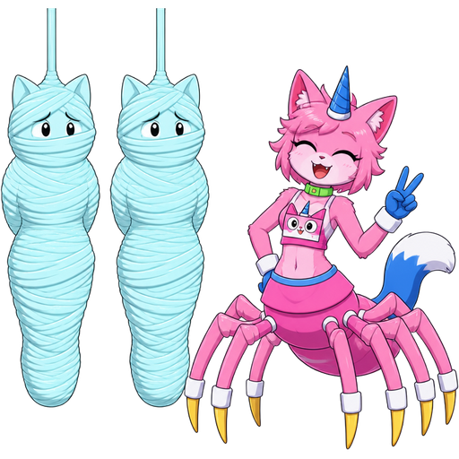 wrapped up and mummified fully covered in a #B8FFFF spider slik cocoon shaped like anthro female native cat anthro worried arms behind back with #B8FFFF spider slik wrappings completely covered with thick layers non-transparent #B8FFFF spider slik wrappings wrapped up and mummified fully covered in a #B8FFFF spider slik cocoon shaped like anthro female native cat anthro worried arms behind back with #B8FFFF spider slik wrappings completely covered with thick layers non-transparent #B8FFFF spider slik wrappings hanged to the ceiling on the left side next to wrapped up and mummified fully covered in a #B8FFFF spider slik cocoon shaped like anthro female native cat anthro worried arms behind back with #B8FFFF spider slik wrappings completely covered with thick layers non-transparent #B8FFFF spider slik wrappings hanged to the ceiling the left side next to happy anthro femboy pink cat drider with blue and white tail white wrists blue hands white ankles yellow tips on spider legs green collar blue unicorn horn wearing femboy clothing based on unikitty