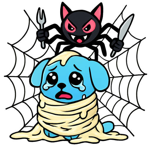 #FFFEED slikworm cocooned pod #FFFEED blue puppy panicked teary eyes covered with #FFFEED very huge coating of #FFFEED slik and very huge #FFFEED slik wrappings and #FFFEED webbings #FFFEED very large coating of #FFFEED slik and very huge #FFFEED slik wrappings and #FFFEED webbings #FFFEED onto a large #FFFEED cobweb with a wicked pink and black cat spider hybrid holding a fork and knife