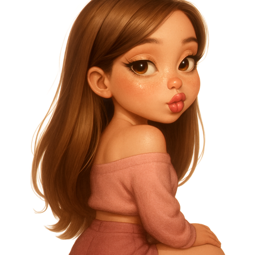side view looking over shoulder blowing a raspberry with hair completely swept over shoulder: semi-realistic soft cartoon luxury glam, mini plush Bratz-doll aesthetic, cinematic glow, crisp clean detail, glossy glam skin. brown eyed Petite 5ft girl, fair skin with soft freckles, wide face with tall forehead, honey-brown almond wide-set upturned eyes, fluttery lashes, shimmer highlight, plush lips, bottom heavy lip, sweet Belle-princess vibe, long straight brunette hair with visible light blonde highlights, side-part hair all swept to the side over shoulder softly defined feminine body, full round bust, wearing off-the-shoulder cropped sweater in blush pink with loose drape, high-waisted plush mini shorts in dusty rose, fluffy slippers in pale pink. Cozy romantic glow, soft warm lighting, pop-princess energy