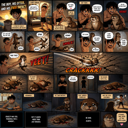 A Long COMIC BOOK and shows the owner and the otter and his twin impact story Waking up in the morning on a Sunny day and no cin pajamas and one of his pet otters but Excessively bully’s the otter and the otter goes over his headand it crakes the floor and Doesn’t get up and does more