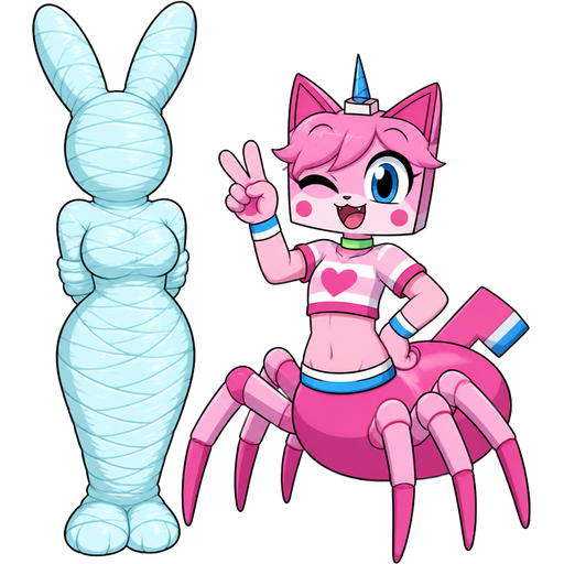 wrapped up and mummified fully covered in a #B8FFFF spider slik cocoon shaped like anthro female rabbit anthro arms behind back with #B8FFFF spider slik wrappings completely covered with thick layers non-transparent #B8FFFF spider slik wrappings next to a happy anthro femboy pink cat drider doing victory sign based on unikitty