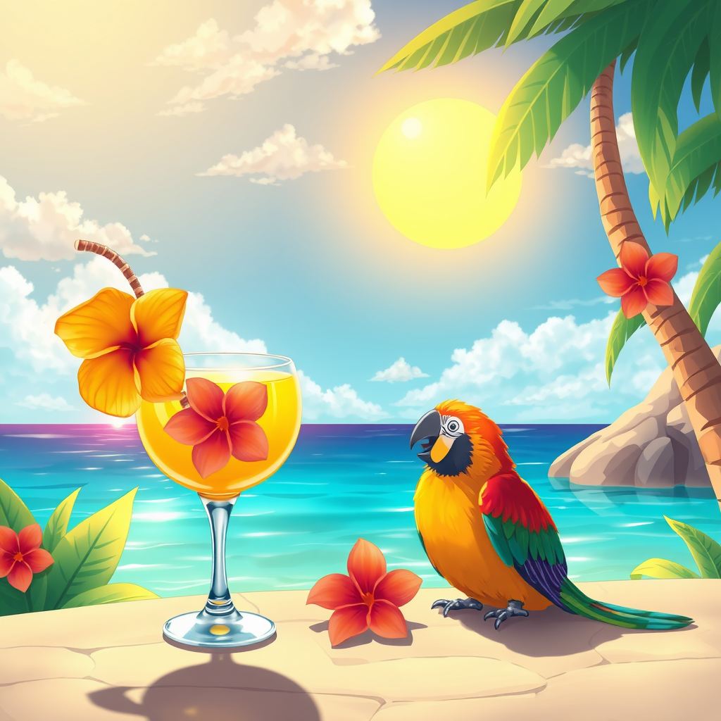 Tropical landscape and sea, sun, coconut cocktail with a tropical flower and a parrot sitting next to it