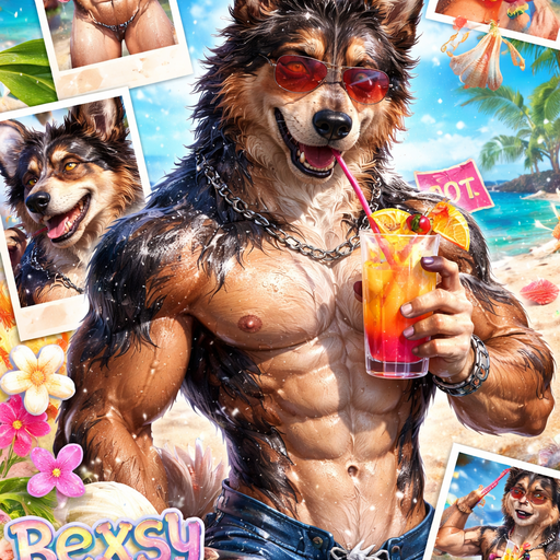 Very Hot, Handsome, Sexy and Attractive German Shepard mixed with an Australian Shepard bara furry Beach Hunk Dripping with Water Drinking a Cocktail. iPhone Wallpaper