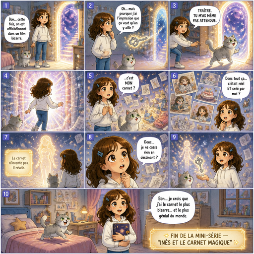 đ INĂS ET LE CARNET MAGIQUE Ăpisode 7 : Le monde du carnet âšđ Style : bande dessinĂ©e couleur jeunesse, ambiance magique, lumineuse, Ă©motion douce, style BD franco-belge + manhwa expressif. Personnage principal (obligatoire et identique dans toutes les cases et tous les Ă©pisodes) : InĂšs, jeune fille de 12 ans, cheveux longs bruns lĂ©gĂšrement ondulĂ©s arrivant sous les Ă©paules, avec une barrette bleue sur le cĂŽtĂ© droit de la tĂȘte. Grands yeux marron trĂšs expressifs, visage rond et sympathique. Elle porte toujours un sweat blanc, un jean bleu et des baskets blanches. Elle est curieuse, bavarde, courageuse et trĂšs expressive. Elle doit rester strictement identique dans toutes les cases. Personnage secondaire (obligatoire et identique dans toutes les cases et tous les Ă©pisodes) : un petit chat gris clair, lĂ©gĂšrement rond et dodu, avec un pelage doux, des yeux verts et une expression malicieuse. Il doit rester strictement identique dans toutes les cases. Lieu principal : chambre dâInĂšs + portail lumineux. Objet important : carnet magique + clĂ© argentĂ©e. âž» đŠ Case 1 La porte lumineuse est ouverte dans la chambre. InĂšs et le chat la regardent en silence. Bulle dâInĂšs : « Bon⊠cette fois, on est officiellement dans un film bizarre. » âž» đŠ Case 2 La clĂ© flotte et guide doucement vers la porte. Bulle dâInĂšs : « Ok⊠mais pourquoi jâai lâimpression que ça veut quâon y aille ? » âž» đŠ Case 3 Le chat entre le premier sans hĂ©siter. Bulle dâInĂšs : « TRAĂTRE. TU MâAS MĂME PAS ATTENDUE. » âž» đŠ Case 4 InĂšs passe la porte. Flash de lumiĂšre. âž» đŠ Case 5 Ils arrivent dans un monde Ă©trange : un espace rempli de pages flottantes, de dessins vivants et de souvenirs. Bulle dâInĂšs : « âŠcâest MON carnet ? » âž» đŠ Case 6 On voit des fragments de leurs aventures (chat, biscuit, gĂąteau, clĂ©). Tout flotte dans lâair comme des souvenirs vivants. Bulle dâInĂšs : « Donc tout ça⊠câĂ©tait rĂ©el ET créé par moi ? » âž» đŠ Case 7 Une silhouette lumineuse apparaĂźt (douce, non menaçante). Elle dit : EncadrĂ© lumineux : « Le carnet nâinvente pas. Il rĂ©vĂšle. » âž» đŠ Case 8 InĂšs ouvre grand les yeux. Bulle dâInĂšs : « Donc⊠je ne casse rien en dessinant ? » âž» đŠ Case 9 La silhouette disparaĂźt doucement. La clĂ© retombe dans la main dâInĂšs. âž» đŠ Case 10 (FIN) Retour dans la chambre. Tout redevient normal. Le chat saute sur le lit. InĂšs sourit, soulagĂ©e. Grande bulle dâInĂšs : « Bon⊠je crois que jâai le carnet le plus bizarre⊠et le plus gĂ©nial du monde. » EncadrĂ© final : âš FIN DE LA MINI-SĂRIE â âINĂS ET LE CARNET MAGIQUEâ âš