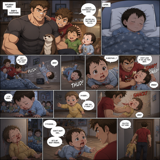 A DETAILED AND LIFELIKE LONG Anime Comic Book story view of a Bulky but Muscular ANIME Cute Bara Man With Peach toned skin Who looks Normal aind round facial Structure and Basic facial structure With Puffy and Big Pecs that are visible through the shirt and Biceps and Bandaid on his nose and Brown short hair that makes them look tough. Wearing normal With his pet Grown and healthy realistic otter and 2 little brothers and baby that are in different ages but young. At the house and the baby has a sleepover and the baby sleeps in a comfy bed then the baby flys to the floor from one of the brothers and red comes from the baby’s nose and is on the floor and stained a shirt. and the baby looks up at the brothers. And the baby’s face jerks to the left from him. And he lowers his head To his brother infront of its friend that are also babys At the Baby‘s sleep over. And the babies bestest baby friend tried to Comfort him courageously and not knowing how to speak well but the friend flies to the wall from one of the brother’s grasp. And Had red coming from his nose too. And leans on the wall and doesn‘t move The baby begs for them to not hurt his friend. and one of the brothers picks up the best friend and takes him to a room and close the door.