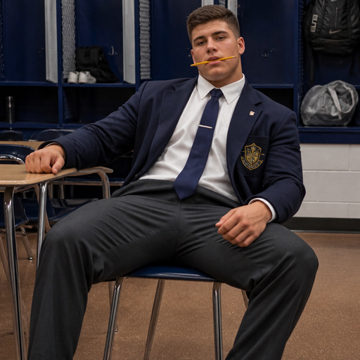A Real life Full Body Image of a Hugely Muscular American White skinned Teenage Jock with a BASIC and ROUND looking face and Low taper fade with Dark Brown hair and brown eyes and Big Arms and Big Pecs with a Tall Grotesque wrestler’s body. Buttoned up in a School Uniform and Blazer with a Logo on it. holding a pencil in his Mouth sideways leaning in a chair. Posing for a Photo