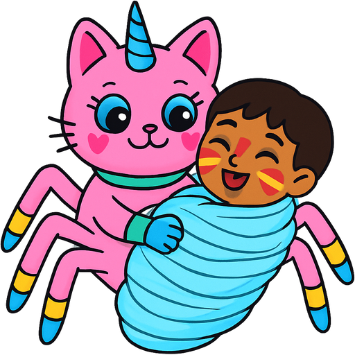 giant pink cat spider hybrid with blue unicorn horn green collar blue eyes with eyelashes heart shaped cheeks white wrists blue hands blue pink spider legs with half white and yellow socks and blue socks cartoon character happy cuddling #B8FFFF cocoon slikworm cocooned pod jungle native boy with red and yellow face paints happy covered with #B8FFFF huge coating of #B8FFFF spider slik and huge #B8FFFF spider slik wrappings and huge #B8FFFF spider slik webbing wrappings #B8FFFF artistic creation, beautiful art