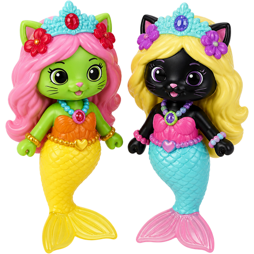 green cat with light pink hair red and flower light cyan crown pink and blue necklace golden and golden bracelets orange dress attached to long light yellow mermaid tail with yellow tail fins next to black cat with light yellow hair purple and blue flowers light cyan crown purple and green necklace pink and blue bracelets pink dress attached to long light cyan mermaid tail with pink tail fins (shopkins)