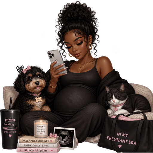 A woman on her iPhone 17 and she’s on TikTok with dogs and cats right beside her and black curly hair and she’s black and she’s pregnant