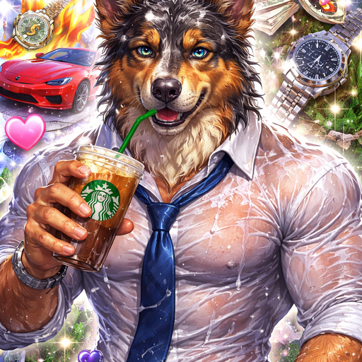 Very Hot, Handsome, Sexy and Attractive German Shepard mixed with an Australian Shepard bara furry Businessman Dripping with Water Drinking Starbucks coffee. iPhone Wallpaper