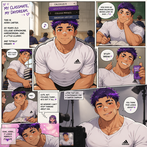 A Full page Anime Comic book story about of a masculine and Bulky ANIME Cute Bara Man American 20 year old with a ROUND and BASIC facial structure and TENAGE BARA CUTE MALE not to detailed With bigger than average Pecs that are visible through the shirt and Biceps and a big Bandaid on his nose and Left Cheek and Right Eye brow. Wearing a no piercings Baggy White Adidas Athletic shirt and Short and Purple Hair and Bright Purple Hair Tips and Strait with brown eyes and black eyebrows. Sitting down with his head still and his eyes looking up at you with a Hot,Cute and Dreamy smile And Balances Books on his head and doing other cute and Hot stuff in classrooms and Licking his lips at a Photoshoot.