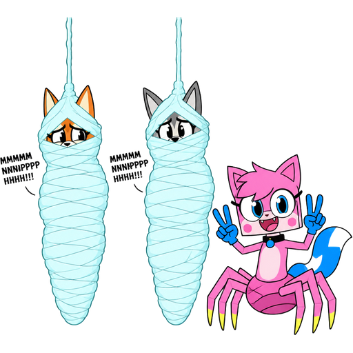 cartoon network version wrapped up and mummified fully covered in a #B8FFFF spider slik cocoon shaped like anthro female fox anthro worried arms behind back with #B8FFFF spider slik wrappings completely covered with thick layers non-transparent #B8FFFF spider slik wrappings hanged to the ceiling MMMMMNNNPPPHHH!!! on the left side next to wrapped up and mummified fully covered in a #B8FFFF spider slik cocoon shaped like anthro female wolf anthro worried arms behind back with #B8FFFF spider slik wrappings completely covered with thick layers non-transparent #B8FFFF spider slik wrappings hanged to the ceiling MMMMMNNNPPPHHH!!! on the left side next to smiling anthro femboy pink cat drider with blue and white tail blue hands yellow tips on spider legs collar doing victory sign based on unikitty
