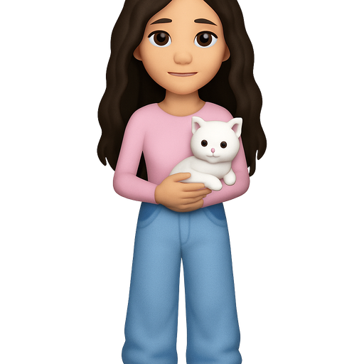 Could you make a skinny teenage girl wearing a long sleeved light pink leotard and very baggy very light blue jeans she has dark brown very want wavy hair that reaches to her waist the leotard has to be long sleeved and the girl has to be a teenager she also has to be holding a white kitten and it has to be a full emoji