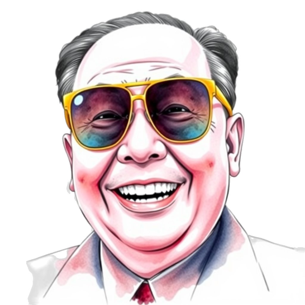 watercolor art style of Pink Korean communist dictator smile teeth psycho gold sunglasses on a white background
