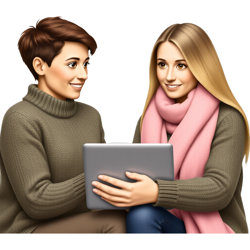 Brown Pixie hair brunet in green-beige theme talking with long hair blond in pink theme, they friends and business partners and they typing on laptop