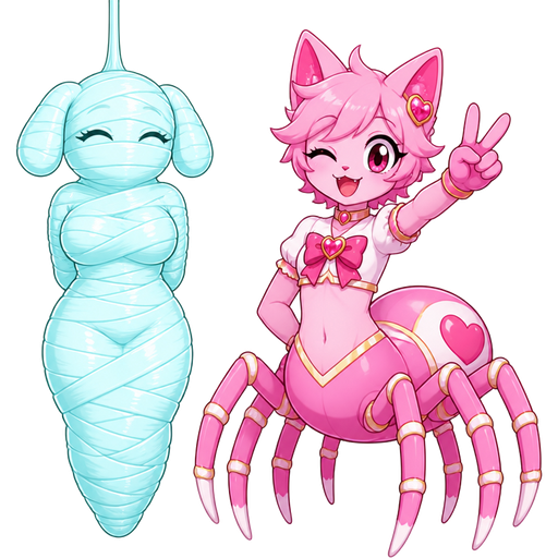 wrapped up and mummified fully covered in a #B8FFFF spider slik cocoon shaped like anthro female puppy anthro arms behind back with #B8FFFF spider slik wrappings completely covered with thick layers non-transparent #B8FFFF spider slik wrappings hanging on ceiling on left side next to a happy anthro femboy pink cat anthro drider hybrid doing victory sign smiling based on unikitty jewelpet sunshine version