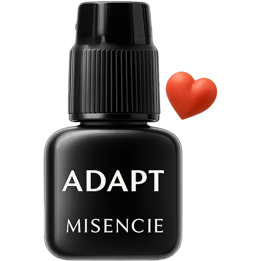 Cute emoji of a black lash glue bottle named ADAPT with a small floating heart, glossy style, transparent background, Misencil logo and the top of the bottle