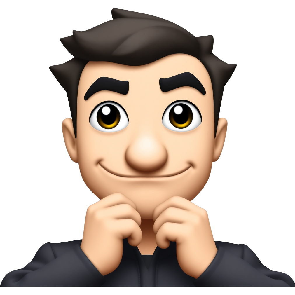 mischievous with pointy chin and nose, one high raised eyebrows with side smirk, black wide eyes and hands together