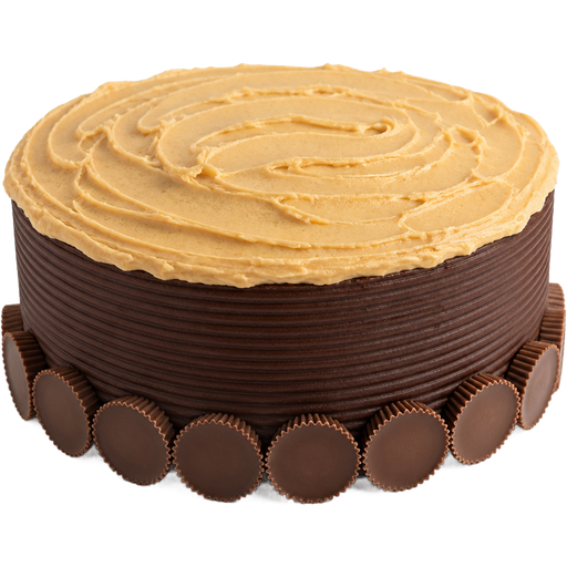Whole PB Chocolate Cake with Peanut Butter Buttercream Frosting on Top along with Peanut Butter Cups going around it
