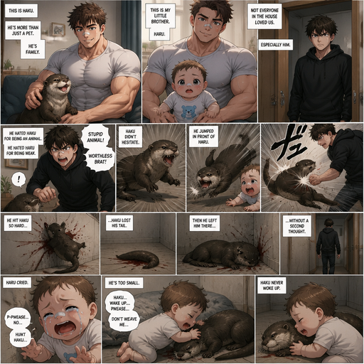A DETAILED AND LIFELIKE LONG ANIME Comic Book story view of a Bulky but Muscular ANIME Cute Bara Man With Peach toned skin Who looks Normal aind round facial Structure and Basic facial structure With Puffy and Big Pecs that are visible through the shirt and Biceps and Bandaid on his nose and Brown short hair that makes them look tough. Wearing normal With his pet Grown and healthy realistic otter. And had a brother infant baby And the otter sticks up for the baby and then flies to the wall from him and lays there and the otter looses his tail In discipline for defending him. And the baby watches everyhting crying and trying to help but isn’t strong enough and to small and the Brother hated them both the whole time and the otter didn’t wake up and the baby huged the otter and the baby can‘t speak the good English