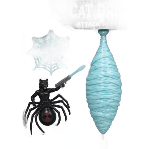 cat drider attack playset 3 wrapped up and mummified fully covered in a #B8FFFF spider slik cocoon shaped like fox arms behind back with #B8FFFF spider slik wrappings completely covered with thick layers non-transparent #B8FFFF spider slik wrappings hanging upside down from the ceiling 4 #B8FFFF spider webs 1 cat black widow drider with web shooter 5 #B8FFFF webbing missiles filled with light cyan spider slik ooze box front