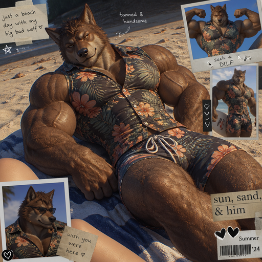 A Full Body Image of a Hunky and Chunky a Brown Wolf who is a Bodybuilder who is a very Masculine and Handsome with Ginormous Arms and a Rounded and Wide Chest Short Strait Hair. Wearing a Sleeveless Tight buttoned up Hawaiian Shirt and Swimming Trunks. Laying on the Beach next to you