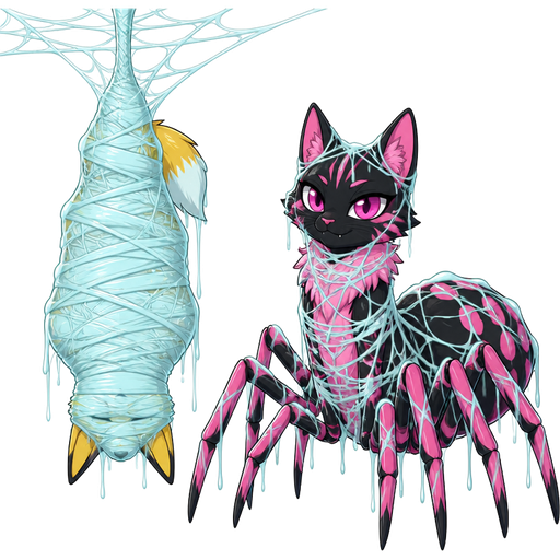 #B8FFFF spider slik cocoon #B8FFFF mummified completely covered yellow fox hanged upside down covered with #B8FFFF thin coat of #B8FFFF spider webs and covered with thick layer of #B8FFFF spider slik webbing next to pink and black cat drider hybrid