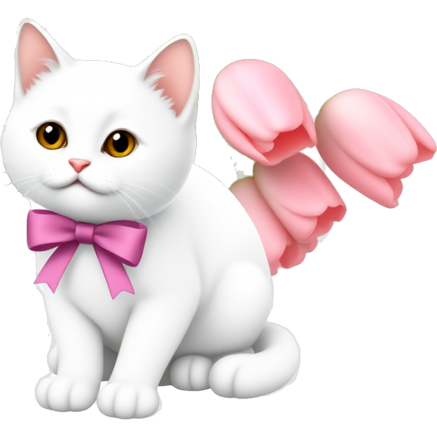 Beautiful pink number 8, a bouquet of tulips in the back, a white cat with a bow around her neck in front