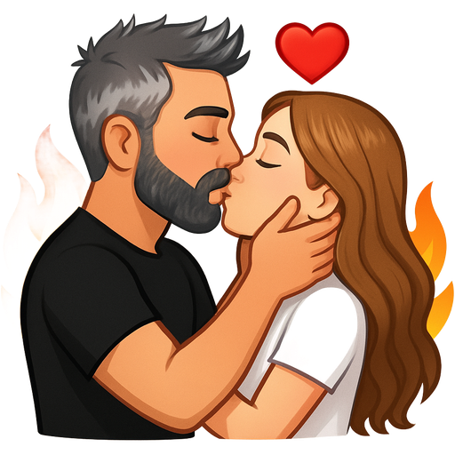The boy mesomorph body type in black t-shirt kisses a girl in white tshirt, his straight hair is styled up messy with pepper salt hair color, he has full beard moustache pepper and salt hair color, girl has light brown very long wavy hair, they hold each other’s cheeks and neck and behind them there are fire and 1 red heart above each person