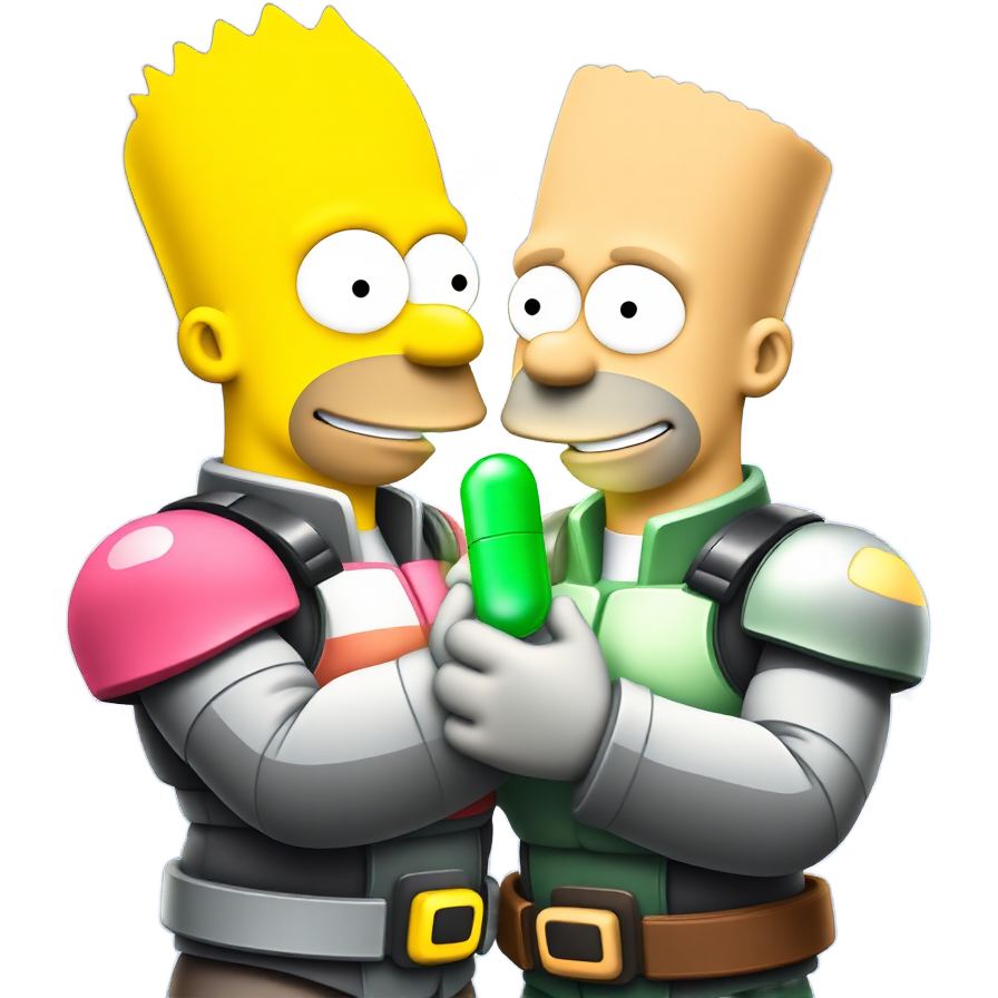 "Futuristic Simpson, glowing in neon armor, prepares to embrace me after swallowing a shimmering green pill, sparkles swirling around us. Their eyes flicker with cosmic energy, while a holographic cityscape sparkles behind, creating an otherworldly atmosphere filled with swirling galaxies and pulsating electronic beats."