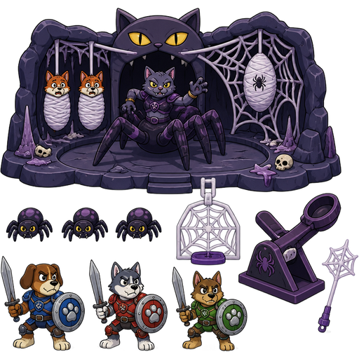 cat drider's lair playset with 2 spider web cocooned fox victims 1 cat drider 3 baby spiders 1 spider cocoon spider web cocoon prison with clip to place your figures 1 spider launcher 1 spider web missile 3 dog warriors
