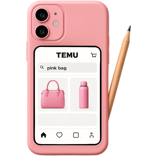 the back of a pink iphone case que en la tableta se se venga, se vea por detrás, o sea que tenga una pantalla de de la aplicación Temu, buscando una bolsa de color rosa y y una y una y un termo Rosa. Y dije, y que y que y que tenga y que tenga un lápiz que sea de lápiz.🥹🥹🥹🥹🥹🥹🥹 si lo haces bien, vas a te voy a poner como a la mejor aplicación deld