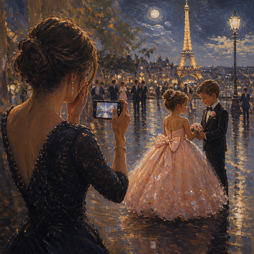 give me a mom taking a photo while she’s trying hard not to cry because her five year-old daughter is having her first kindergarten dance and five year-old daughter has a date and she’s wearing this beautiful beautiful big dress with a Paris night view